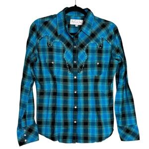 Panhandle Slim Pearl Snap Blue Black Metallic Plaid Western Shirt, Size M